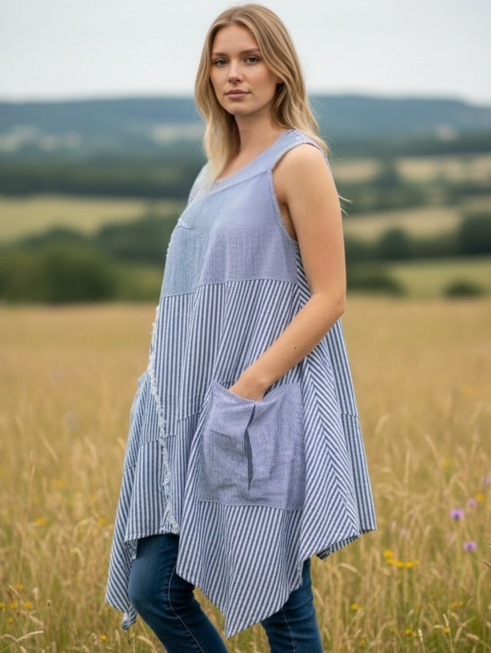 NEW! Kenar Linen Blend Light Blue Striped Sleeveless A‑Line Tunic  6029